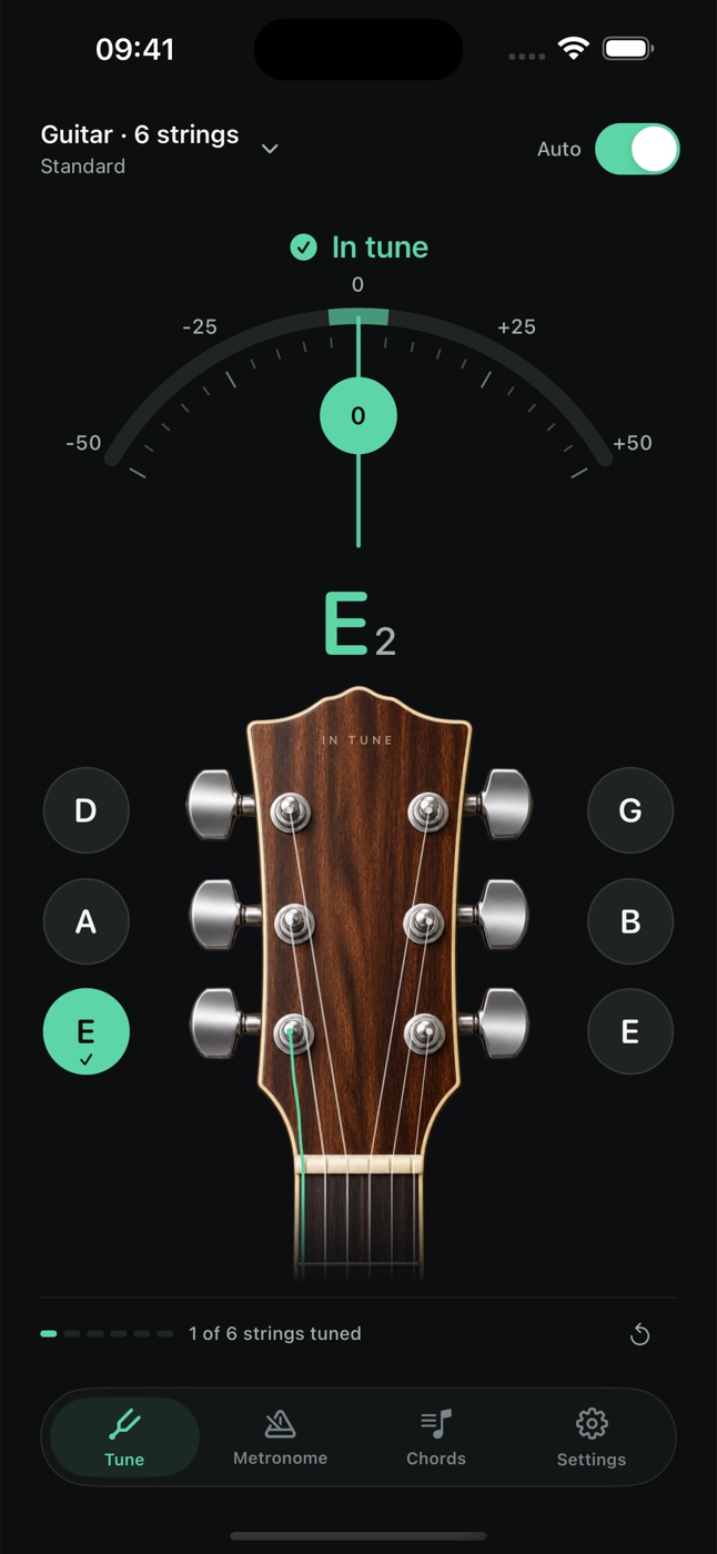 In Tune guitar tuner showing an E2 string in tune